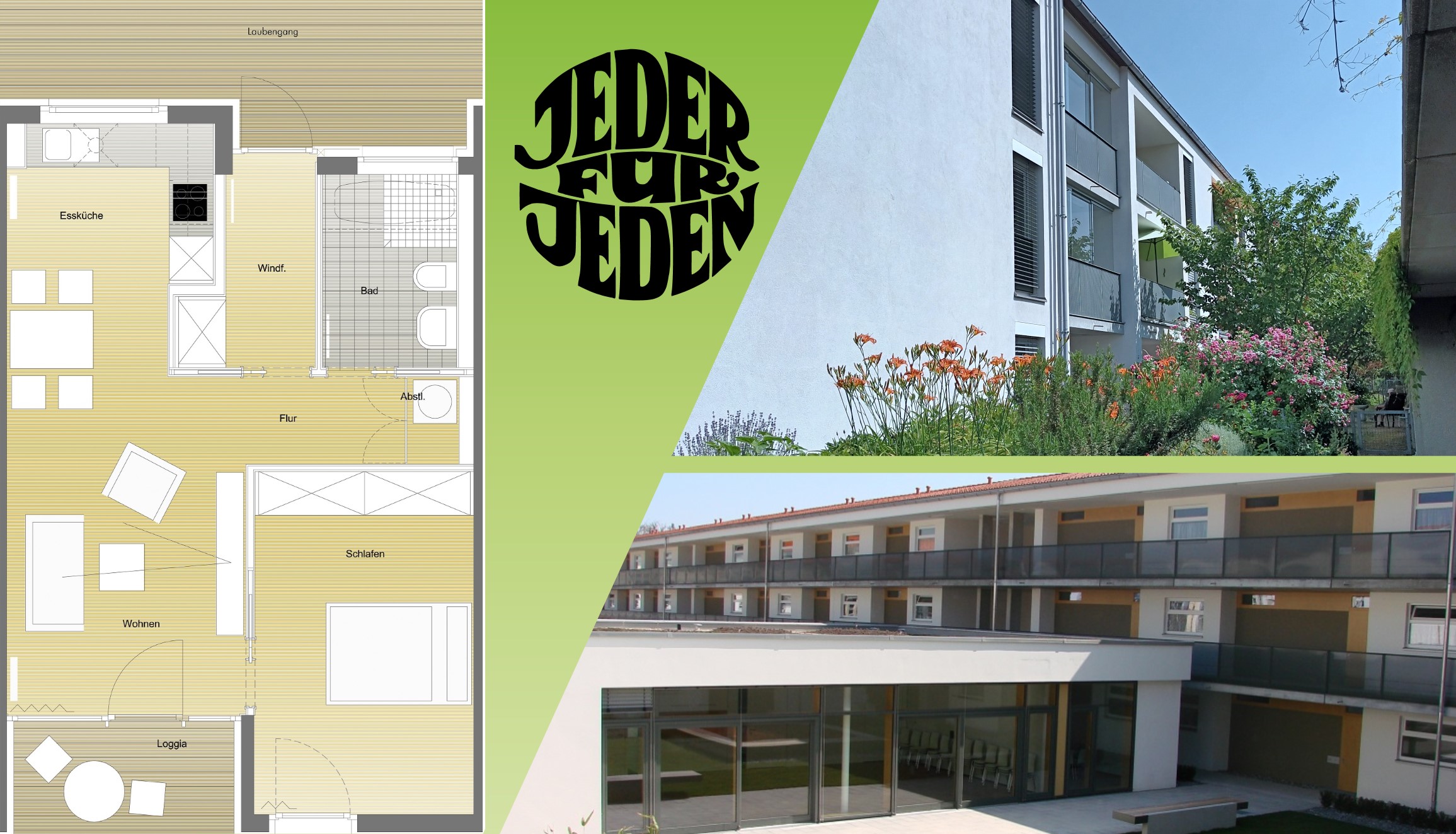 Collage aus 4 Bildern: Bild 1: Grafik zeigt den Grundriss einer 2-Zimmer-Wohnung vom Typ 2 (50,94 m²) Bild 2: Fotografie zeigt die Rückseite des "Betreuten Wohnen" mit Sicht auf die Balkone und Bepflanzung. Bild 3: Fotografie zeigt Innenhof des Sozialdienst Gilching e.V. mit Blick auf das "Betreute Wohnen" und die Rückseite des "Andechser 5-Treff & Café" Bild 4: Logo vom Sozialdienst Gilching e.V.